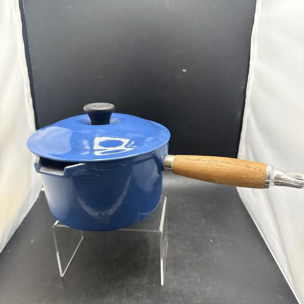 Vintage Le Creuset #16 Saucepan Blue Cast Iron Wood Handle Lid Made in France